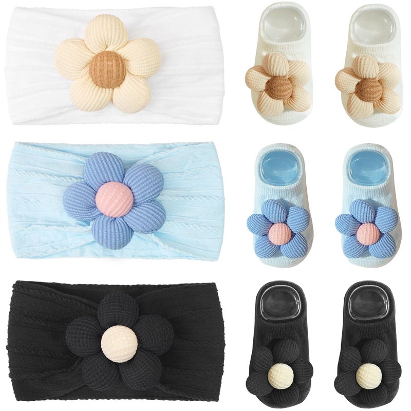 CÉLLOT Baby Girl Headband and Socks, Non-Slip Floral Socks and Soft Floral Nylon Hairbands for Babies Infants and Toddlers(White,Blue,Black) - Image 1